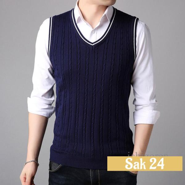 ゴルフウェア メンズ ゴルフベスト ニットベスト Vネック 無地 リブ編み 洗える ノースリーブ セ...