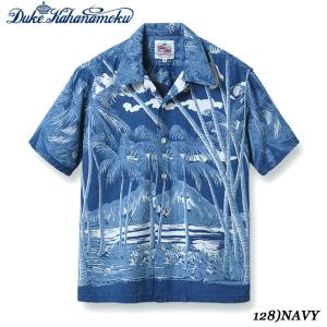 DUKE KAHANAMOKU INDIGO COTTON 2023SS HAWAIIAN SHIRT “COCONUT PALM & DIAMONDHEAD” Style No.DK39046｜maunakeagalleries