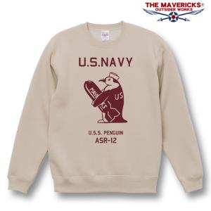 ミリタリー スウェット トレーナー THE MAVERICKS ブランド メンズ 長袖 10oz 裏起毛 米海軍ペンギン USS.PENGUIN / ベージュ