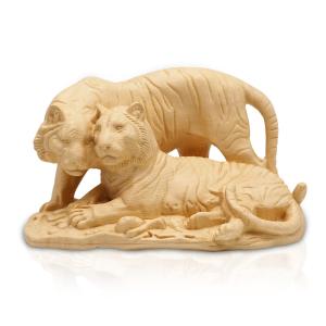 家庭 夫婦円満 開運 天然 黄楊彫り 木彫 夫婦 虎 置物 縁起物 魔除け