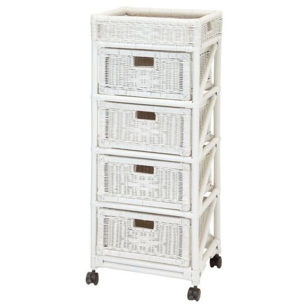 天然籐 ラタン ランドリー チェスト ランドリーラック スリム 4段 キャスター付き