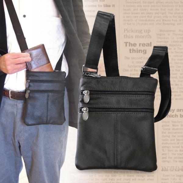 牛革薄マチショルダー バッグ メンズ シニア ショルダーバッグ 肩掛け 鞄 革 レザー 黒 ブラック...