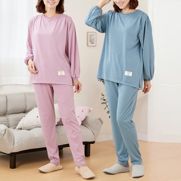 婦人綿混やわらか長袖ホームウエア2色組 ピンク・ブルーグリーン レディース パジャマ ルームウェア ...