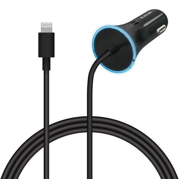 ELECOM MPA-CCLPD01BK 車載充電器 カーチャージャー ライトニングケーブル ケーブ...