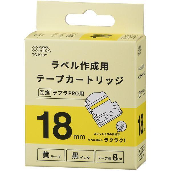 オーム電機 TC-K18Y テプラ互換ラベル 黄テープ 黒文字 幅18mm