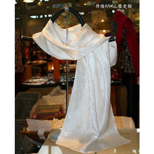 【草木染用】丹後シルク100% シルクサテン(ペイズリー織柄)白スカーフ size 45×150cm...