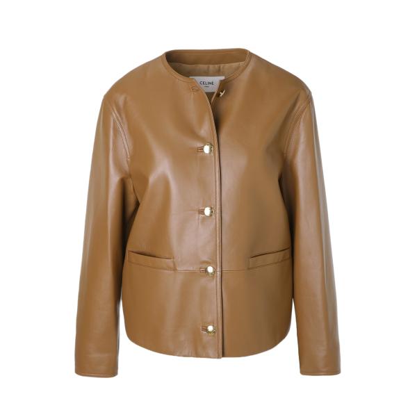 セリーヌ CELINE レザージャケット VESTE COL ROND ノーカラージャケット ブラウ...