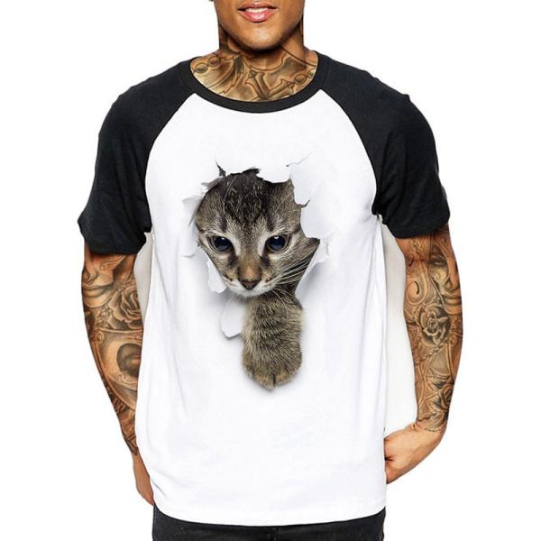 Tシャツ イラスト 3D 猫 可愛い 半袖 薄手 ねこ 白  面白 おもしろ トリックアート 男女兼...