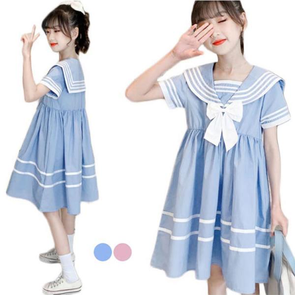 キッズ セーラー風ワンピース ワンピース 夏 学院 リボン付き 半袖 ゆったり 女子 送料無料 高生...