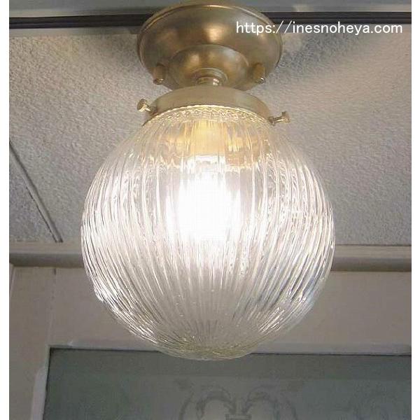 大正ロマンなクリアボウルシェードと天井直付け真鍮シーリングカバー付きペンダントライト80