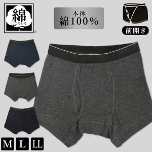 綿100% メンズ ボクサーパンツ 前開き 下着 吸汗 通気性 肌に優しい M L LL 紳士用 大きい 無地 シンプル 黒 ブラック ネイビー グレー /メール便発送可