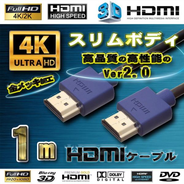 スリムボディ HDMIケーブル 1m 4K フルハイビジョン Ver2.0　ブルー