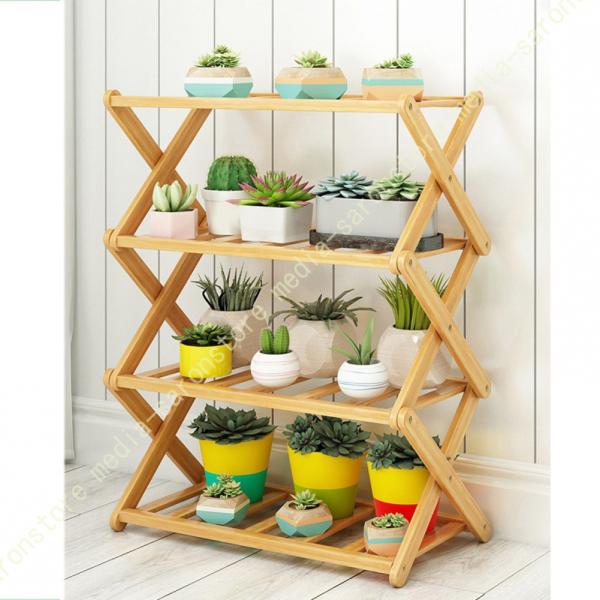 フラワースタンド 室内 屋外 ガーデンラック 交差形 組立簡単 4段 多段 シューズラック 天然竹 ...