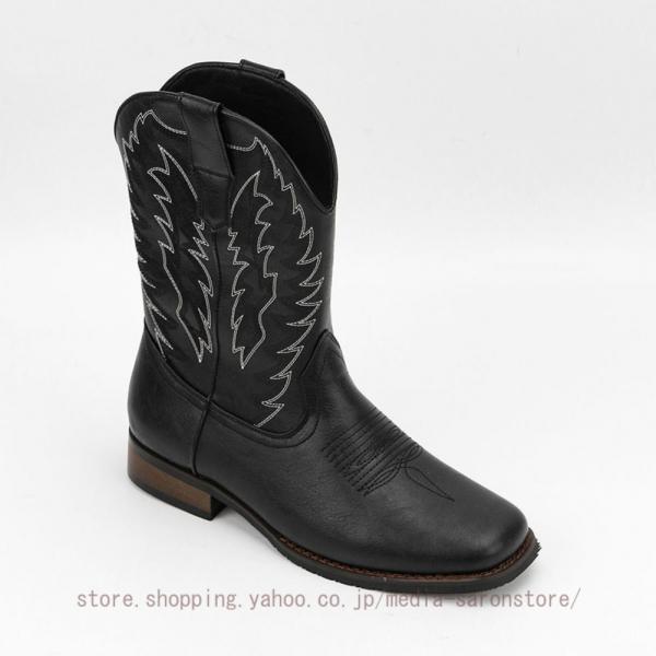 ウエスタン カウボーイブーツ スクエアトゥ メンズ カジュアルシューズ 刺繍 バイク用 ミドル ドレ...