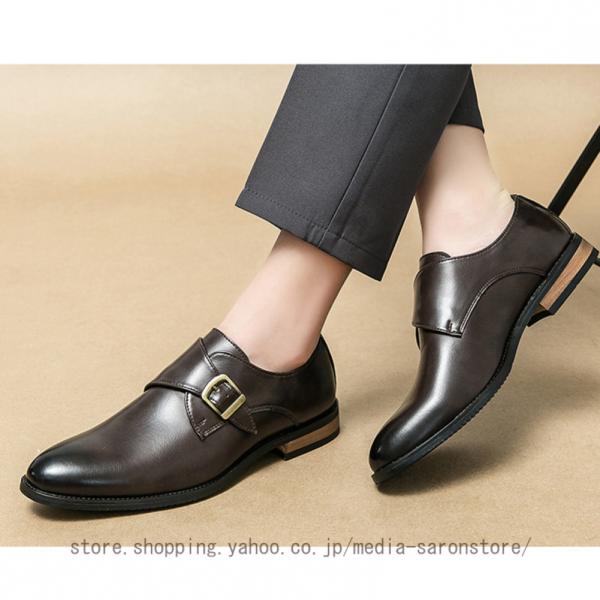 走れる ビジネスシューズ メンズ バックル ロングノーズ スリッポン モンクストラップ 革靴 紳士靴...