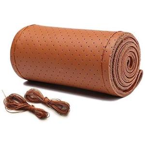 S M L サイズ 牛革 編む パンチング ステアリングカバー ハンドルカバー 縫い針 縫い糸 各２本セット (ブラウン(L))