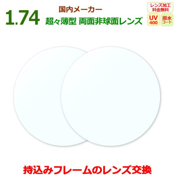 眼鏡レンズ　高屈折　1.74DAS　超々薄型　両面非球面　持ち込みフレームのレンズ交換！　無色　カラ...