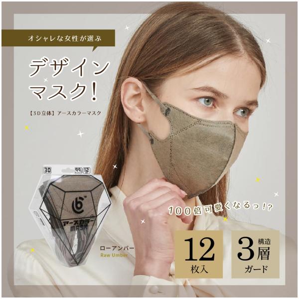 アースカラー3Dマスク12枚入 ローアンバー 送料無料 立体型マスク 不織布 カラーデザインマスク ...