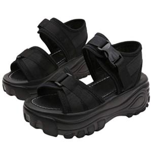 レディース 厚底 スポーツサンダル フラットソール ベルト マジックテープ 黒 軽量 ベルクロ (ブラック, measuremen