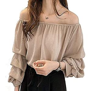 ブラウス チュニック ラメ 入り 長袖 襟 なし タック バルーン 袖 レディース (ベージュ, XL