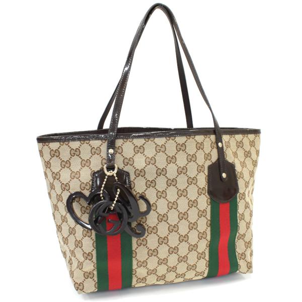グッチ ジョリー トートバッグ 211971 GGキャンバス パテントレザー ベージュ ウェブ シェ...