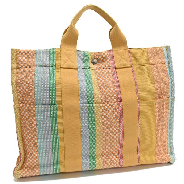 エルメス フールトゥライン トートバッグ MM キャンバス オレンジ マルチカラー HERMES F...