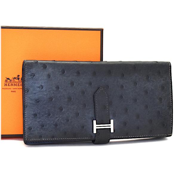 エルメス 二つ折り長財布 ベアンスフレ オーストリッチ ユニセックス ネイビー HERMES