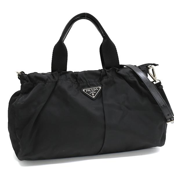プラダ 2way ハンドバッグ ナイロン レザー ブラック トライアングルロゴプレート シルバー金具...