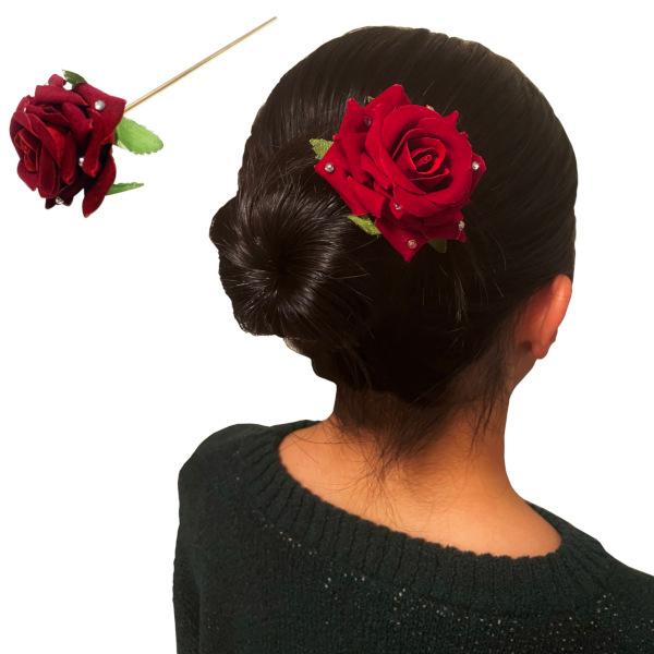 かんざし ラインストーンが付いた可憐な薔薇モチーフのかんざし ヘアアクセサリー