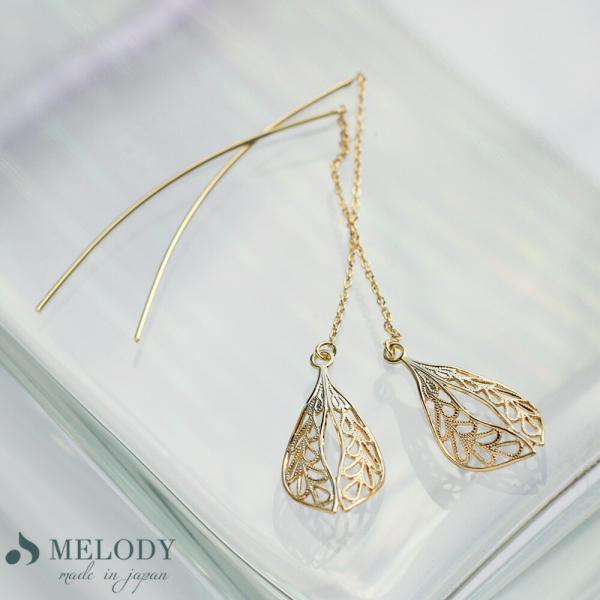 アメリカン ピアス  チェーン 日本製 K18GP 透かし柄 リーフ カーブライン アメピア  揺れ...