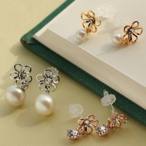 ピアス 日本製 K18GP  樹脂 ストーン パール  フラワー 透かし レディース 小ぶり 華奢 ...