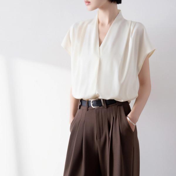 フレンチスリーブブラウス レディース半袖 夏服 ビジネス フォーマル 高級感 上品 vネック 無地 ...