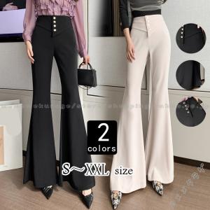 お呼ばれパンツ フレアパンツ スリット パンタロン オフィス レディース ストレッチ 黒 ハイウエスト 通勤 OL風  デイリーコーデ ブラック 着痩せ  2021