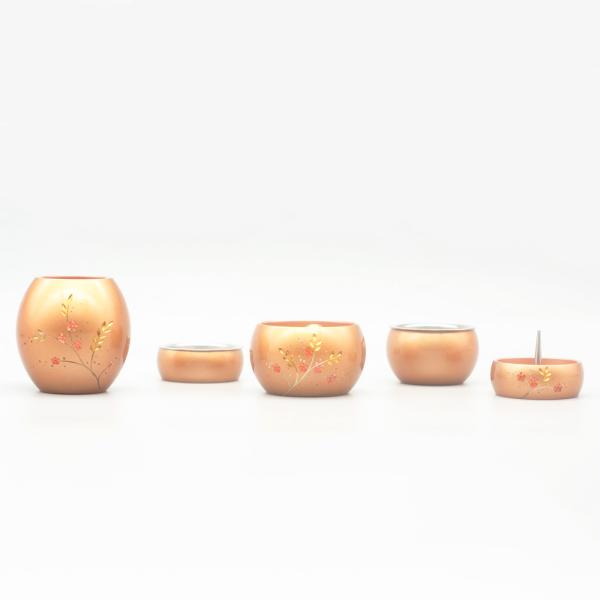 コンパクトな仏具 ５具足　ミニまる５点セット　カラー：ピンクゴールド　彫金　南天