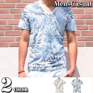 Tシャツ メンズ 半袖 ボタニカル柄 花柄 Vネック カットソー｜menscasual