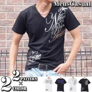 Tシャツ メンズ 半袖 Vネック 箔プリント 英字メッセージロゴプリント ロゴTシャツ カットソー｜menscasual