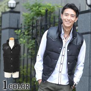 ベスト メンズ 中綿 おしゃれ PUレザー切替えウエスタンデザイン中綿ベスト｜menz-style