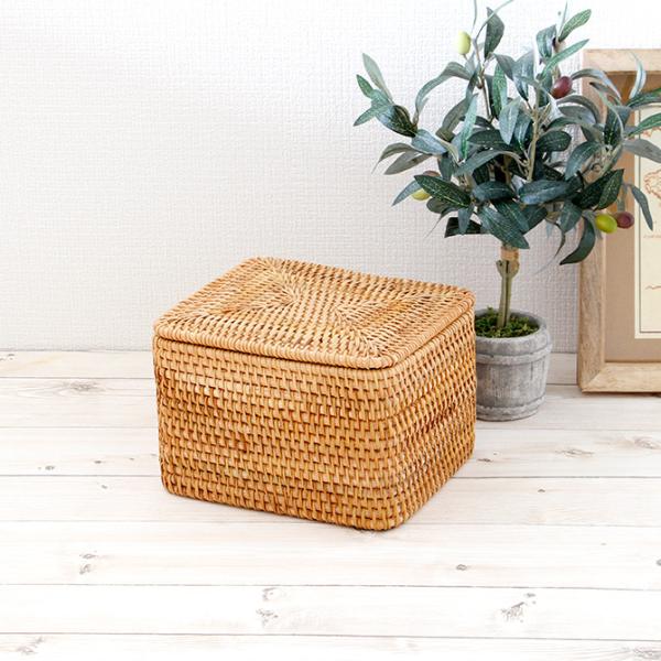 ベトナムラタン製 フタ付きバスケット 小物入れ /サニタリー収納 ナプキン収納 ふた 蓋 玄関 アジ...