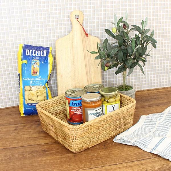 ベトナムラタン製 アジアン 浅型小物入れバスケット Lサイズ