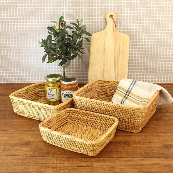 ベトナムラタン製 アジアン 浅型小物入れバスケット L/M/S 3個セット  バスケット かご 収納...