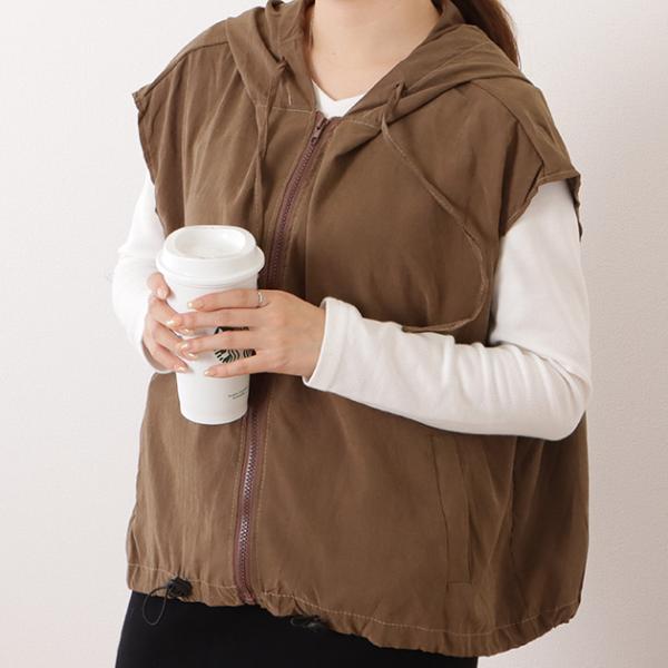 ドロスト付きオーバサイズフーデットベスト 女性 レディース 春 秋 冬 ロングシーズン ジレ ナイロ...