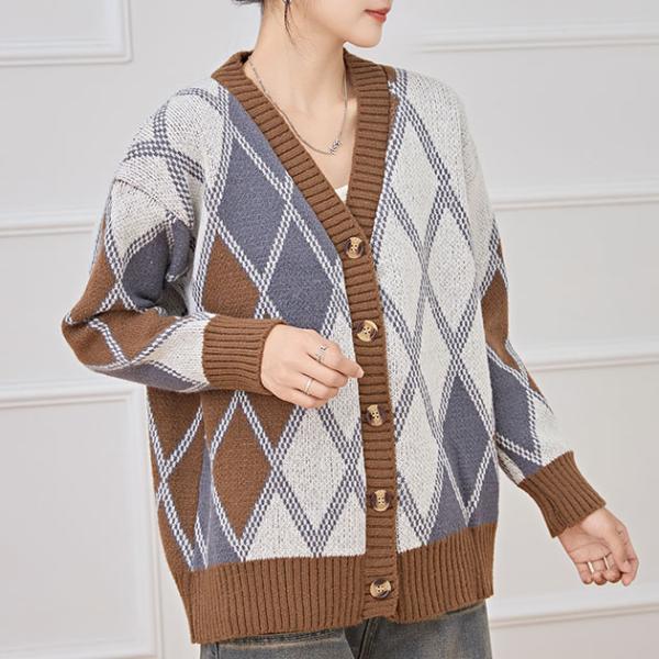 Vネック 配色 ダイヤ柄 シャギー ニット カーディガン 女性 レディース トップス セーター 秋 ...