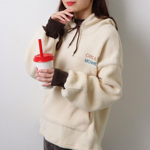 ボア ロゴ 刺繍 ビッグシルエット プルオーバー トップス パーカー フーディー あったか 防寒 ル...