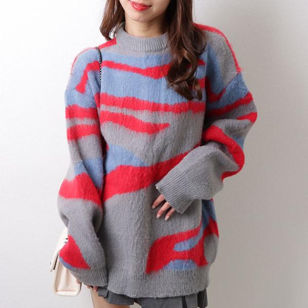 配色 ラウンドネック オーバーサイズ シャギー ニットトップス ドロップショルダー 長袖 あったか ...