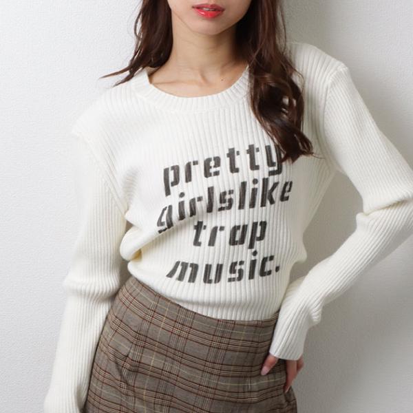 ロゴ プリント ラウンドネック リブニット セーター トップス プルオーバー 長袖 着回し カジュア...