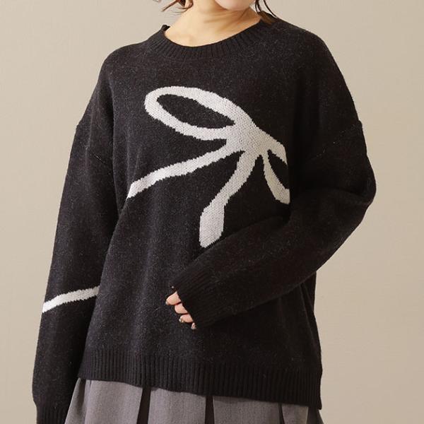 ラウンドネック 配色 リボン ニット プルオーバー 女性 レディース トップス セーター 秋 冬 ソ...