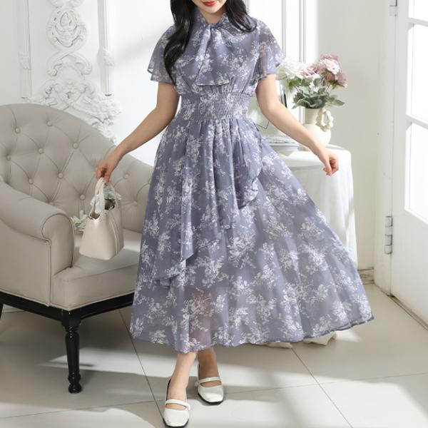 花柄 ボウタイリボン フレア袖 ティアード ワンピース レディース 夏 サマー フラワープリント ス...