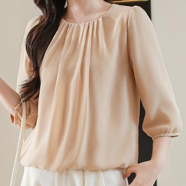 ソリッドカラー ラウンドネック 7分袖 バルーン プルオーバー 女性 レディース トップス ブラウス...