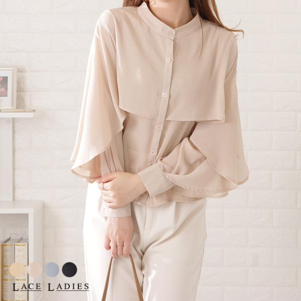 フリルレイヤード長袖シフォンブラウス 女性 レディース トップス クラシカル 上品 透け感 シフォン...