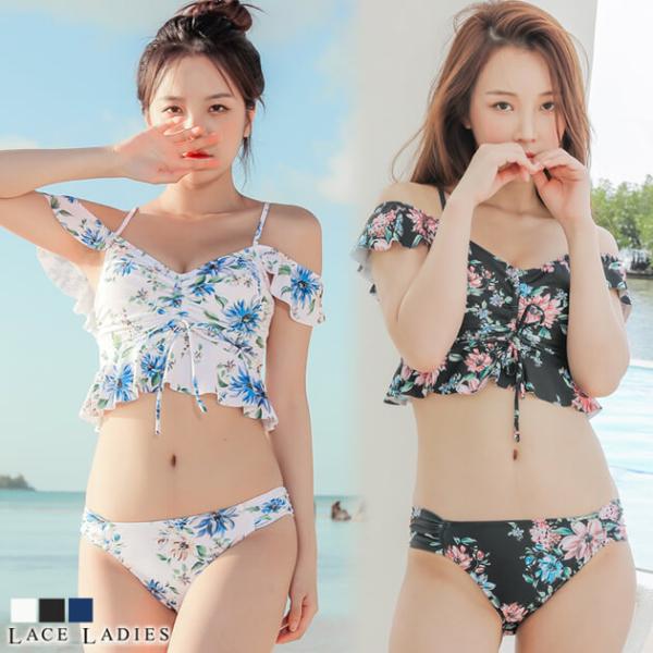 水着 ビキニ ２点セット 花柄 オフショルダー セパレート かわいい セクシー  ビーチ  レディー...
